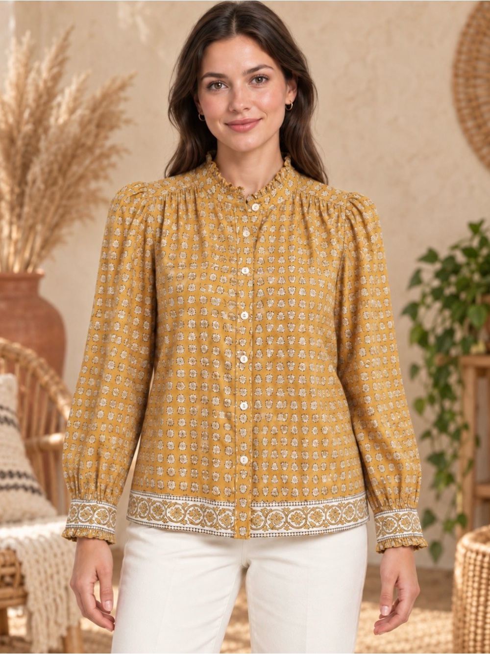 Marea By Liz Joy Charlie Thistle Shirt Button-front
Blouse Floral Ruffle Neck